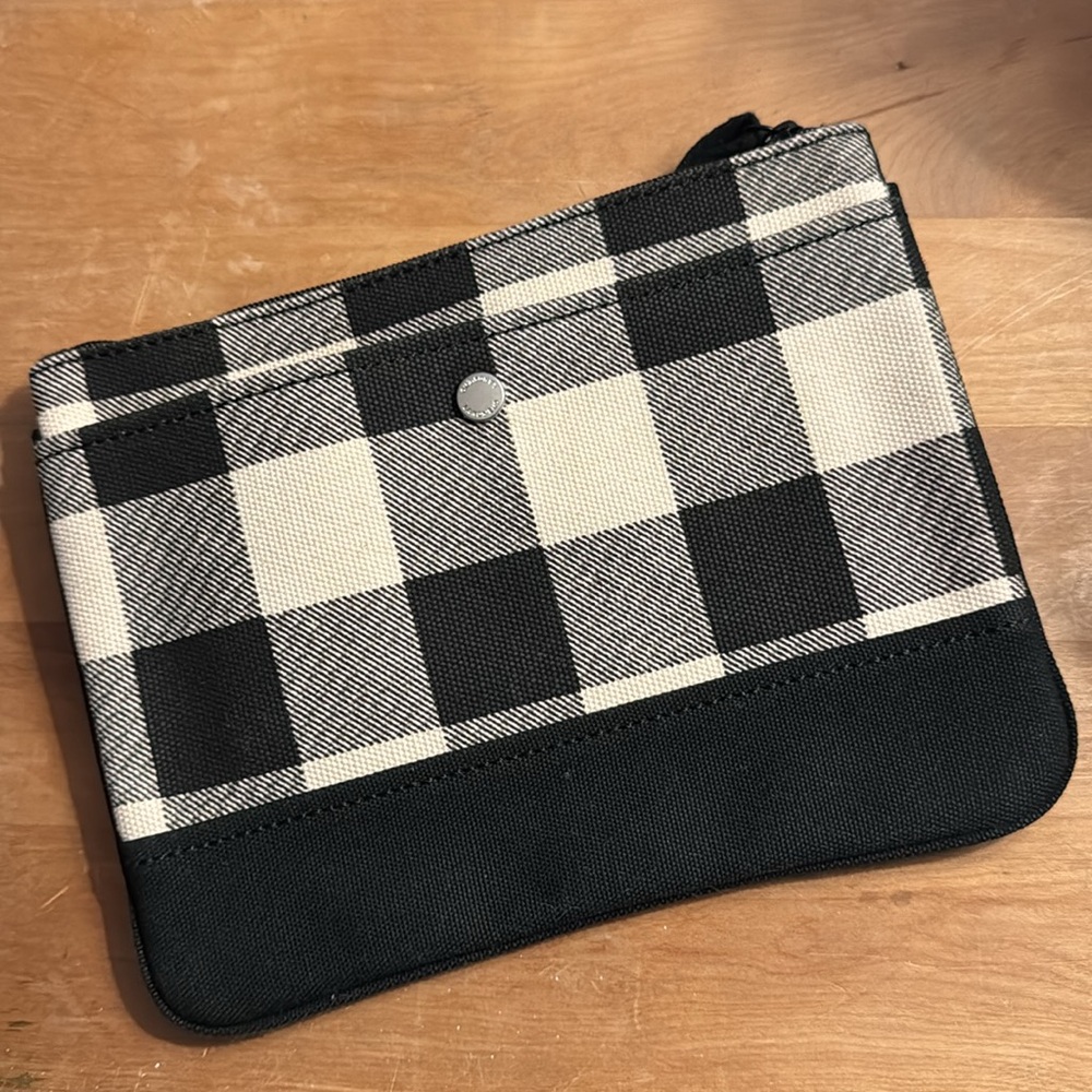 Lands End Plaid Black and Cream wristlet clutch NWOT